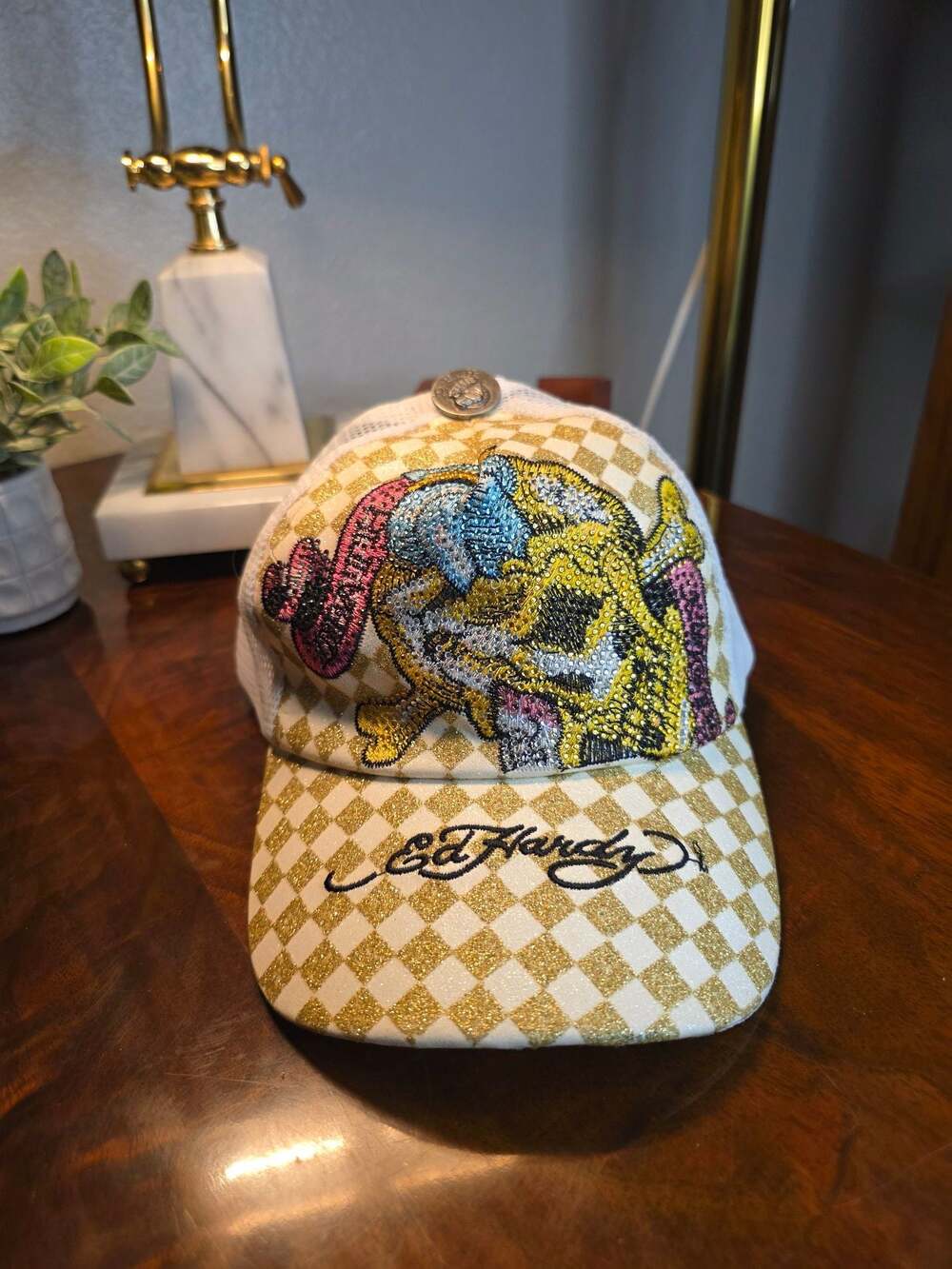 NWT Ed Hardy Vintage Tattoo Wear Checkerboard Trucker Hat with Rhinestones